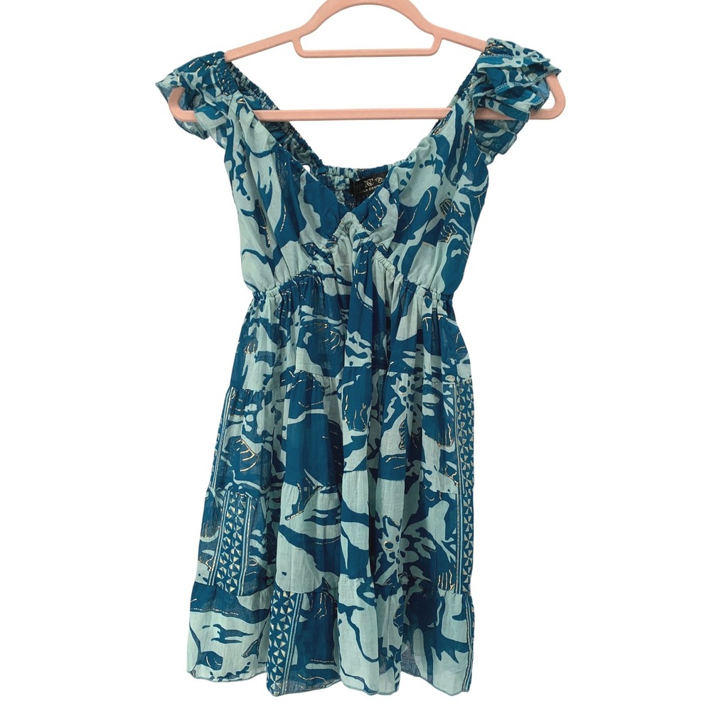 Nazila Couture size XS/S Blue Gold Metallic Abstract Print Smocked Mini Dress